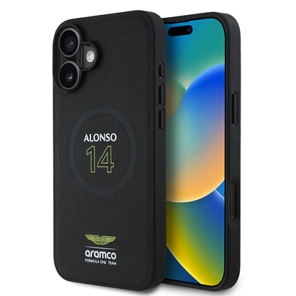 Apple iPhone 16 Plus Kılıf Aston Martin Orjinal Lisanslı M-safe Şarj Özellikli PU Deri Alonso 14 Baskılı Kapak Siyah
