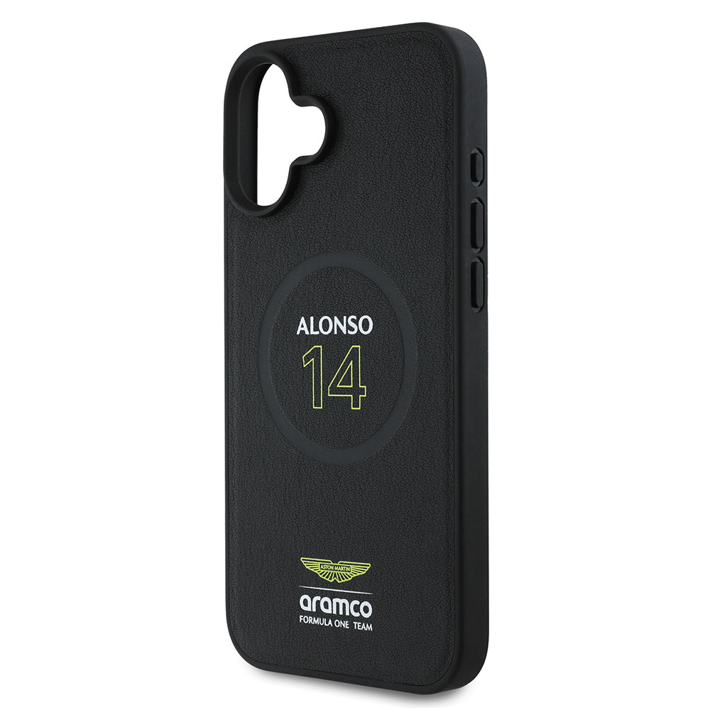 Apple iPhone 16 Plus Kılıf Aston Martin Orjinal Lisanslı M-safe Şarj Özellikli PU Deri Alonso 14 Baskılı Kapak Siyah