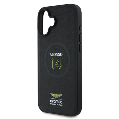 Apple iPhone 16 Plus Kılıf Aston Martin Orjinal Lisanslı M-safe Şarj Özellikli PU Deri Alonso 14 Baskılı Kapak Siyah