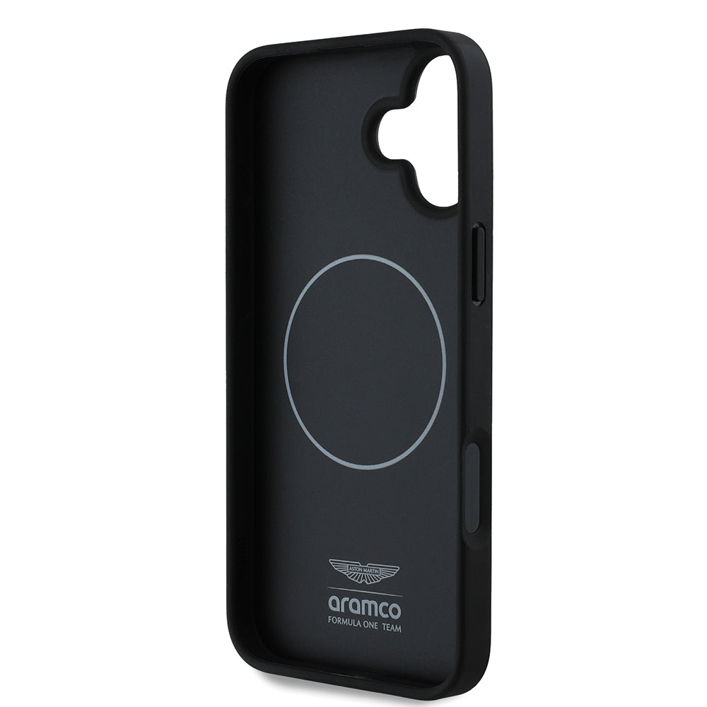 Apple iPhone 16 Plus Kılıf Aston Martin Orjinal Lisanslı M-safe Şarj Özellikli PU Deri Alonso 14 Baskılı Kapak Siyah
