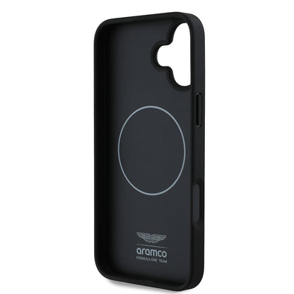 Apple iPhone 16 Plus Kılıf Aston Martin Orjinal Lisanslı M-safe Şarj Özellikli PU Deri Alonso 14 Baskılı Kapak Siyah