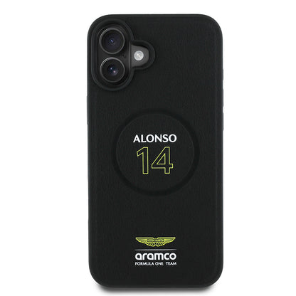 Apple iPhone 16 Plus Kılıf Aston Martin Orjinal Lisanslı M-safe Şarj Özellikli PU Deri Alonso 14 Baskılı Kapak Siyah