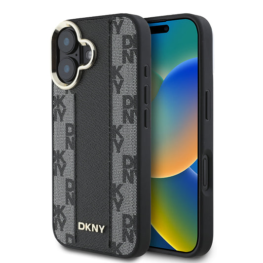 Apple iPhone 16 Plus Kılıf DKNY Orjinal Lisanslı M-safe Şarj Özellikli 3D Yazılı Checkered Pattern Kapak Siyah