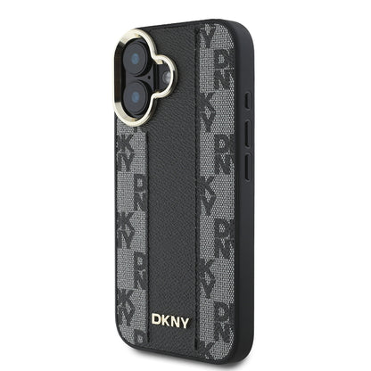Apple iPhone 16 Plus Kılıf DKNY Orjinal Lisanslı M-safe Şarj Özellikli 3D Yazılı Checkered Pattern Kapak Siyah