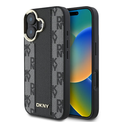 Apple iPhone 16 Plus Kılıf DKNY Orjinal Lisanslı M-safe Şarj Özellikli 3D Yazılı Checkered Pattern Kapak Siyah