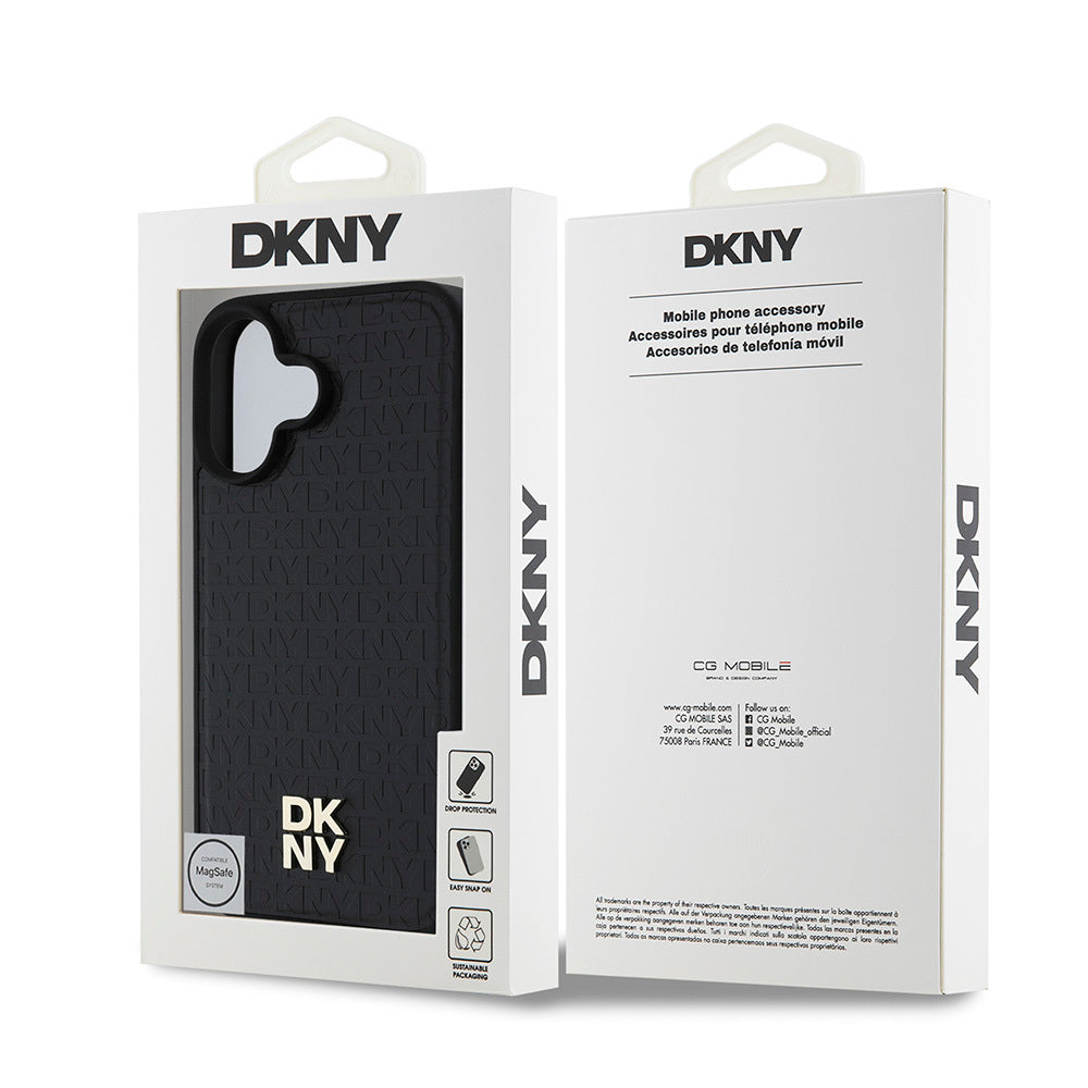Apple iPhone 16 Plus Kılıf DKNY Orjinal Lisanslı M-safe Şarj Özellikli 3D Yazılı Repeat Pattern Kapak Siyah