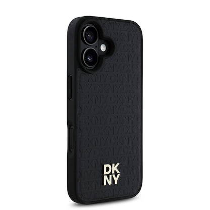 Apple iPhone 16 Plus Kılıf DKNY Orjinal Lisanslı M-safe Şarj Özellikli 3D Yazılı Repeat Pattern Kapak Siyah