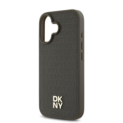 Apple iPhone 16 Plus Kılıf DKNY Orjinal Lisanslı M-safe Şarj Özellikli 3D Yazılı Repeat Pattern Kapak Kahverengi