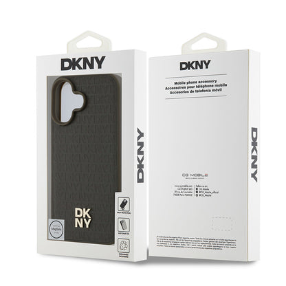 Apple iPhone 16 Plus Kılıf DKNY Orjinal Lisanslı M-safe Şarj Özellikli 3D Yazılı Repeat Pattern Kapak Kahverengi