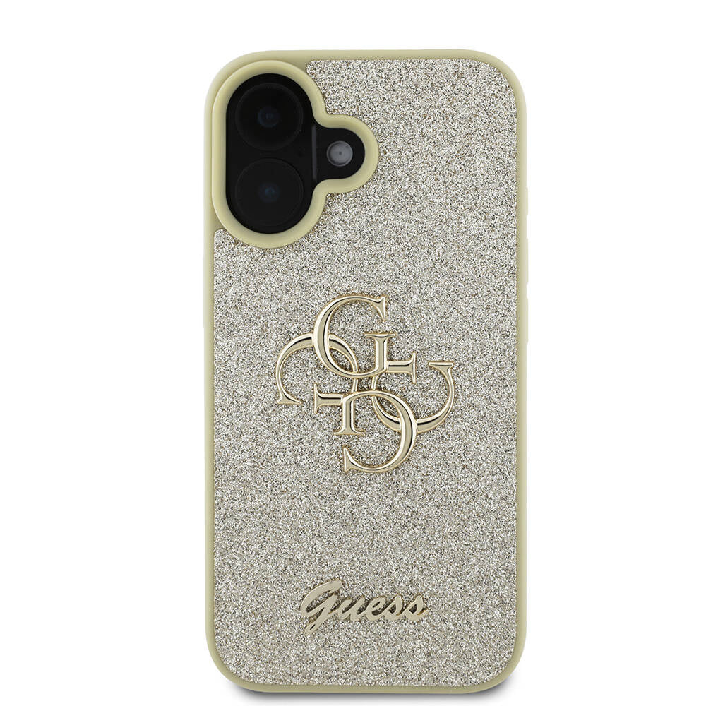 Apple iPhone 16 Plus Kılıf Guess Orjinal Lisanslı 4G Büyük Metal Logolu Glitter Kapak Gold
