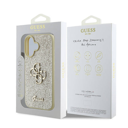 Apple iPhone 16 Plus Kılıf Guess Orjinal Lisanslı 4G Büyük Metal Logolu Glitter Kapak Gold