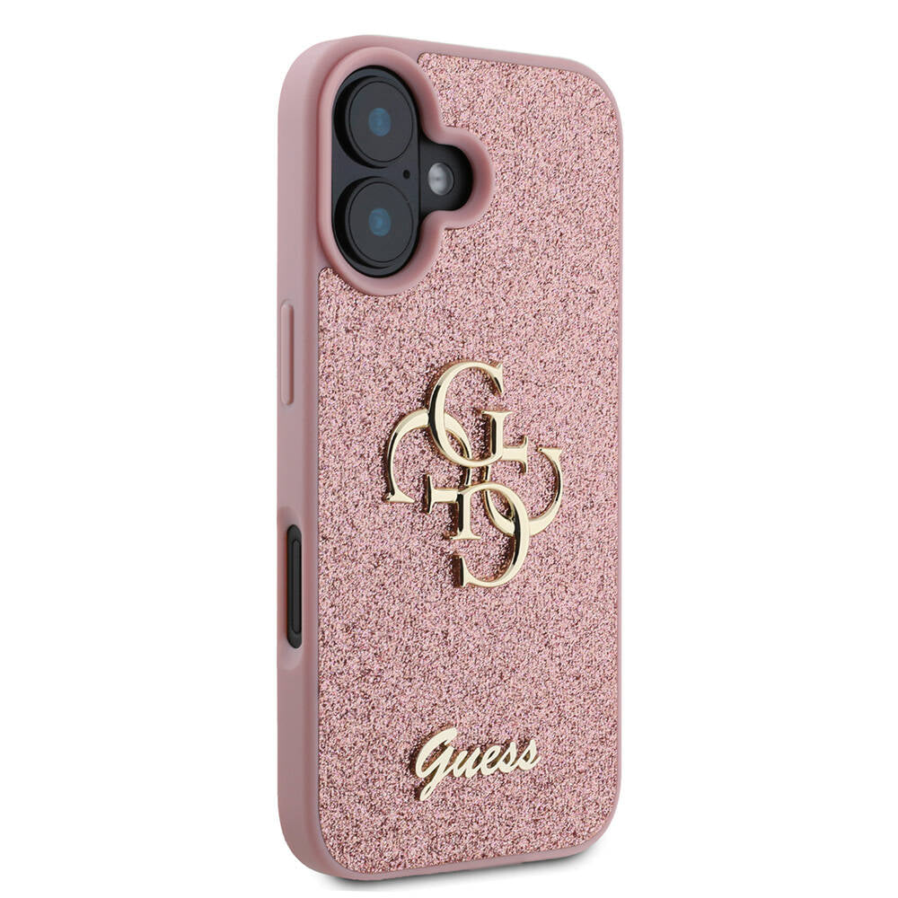 Apple iPhone 16 Plus Kılıf Guess Orjinal Lisanslı 4G Büyük Metal Logolu Glitter Kapak Pembe
