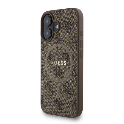 Apple iPhone 16 Plus Kılıf Guess Orjinal Lisanslı M-safe Şarj Özellikli PU Deri Bilek Askı İpli Yazı Logolu Kapak Kahverengi