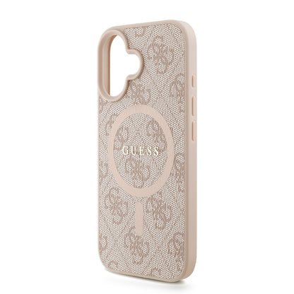 Apple iPhone 16 Plus Kılıf Guess Orjinal Lisanslı M-safe Şarj Özellikli PU Deri Bilek Askı İpli Yazı Logolu Kapak Kahverengi