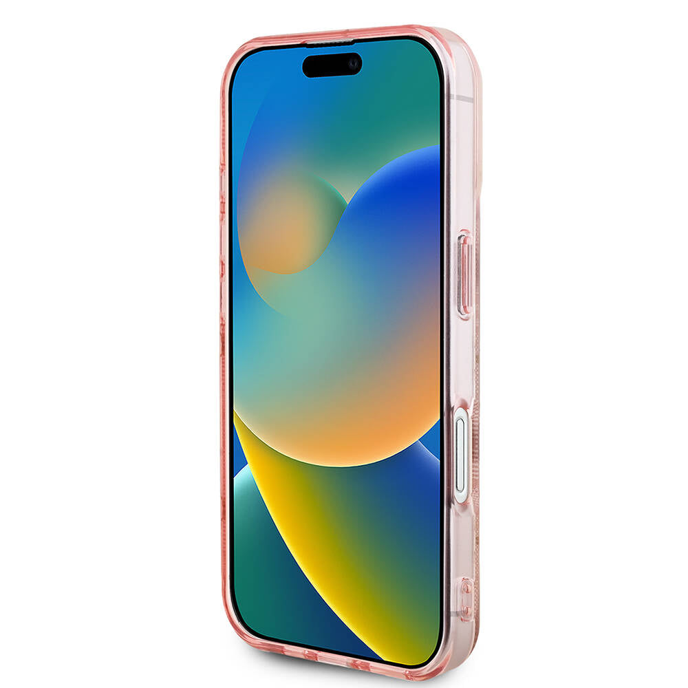 Apple iPhone 16 Plus Kılıf Guess Orjinal Lisanslı M-safe Şarj Özellikli 4G Desenli IML Yazı Logolu Peony Kapak Pembe