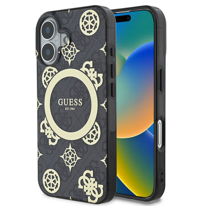 Apple iPhone 16 Plus Kılıf Guess Orjinal Lisanslı M-safe Şarj Özellikli 4G Desenli IML Yazı Logolu Peony Kapak Kahverengi