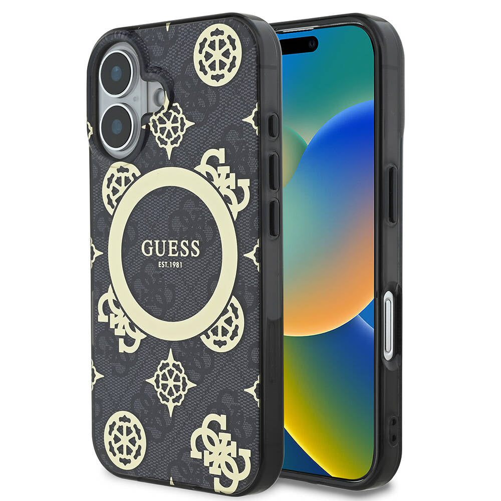 Apple iPhone 16 Plus Kılıf Guess Orjinal Lisanslı M-safe Şarj Özellikli 4G Desenli IML Yazı Logolu Peony Kapak Pembe