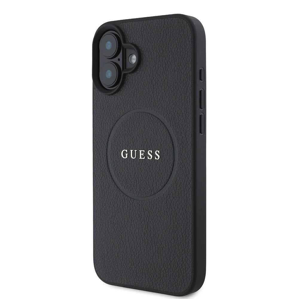 Apple iPhone 16 Plus Kılıf Guess Orjinal Lisanslı M-safe Şarj Özellikli Yazı Logolu Grained Kapak Siyah