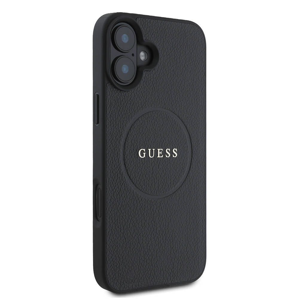 Apple iPhone 16 Plus Kılıf Guess Orjinal Lisanslı M-safe Şarj Özellikli Yazı Logolu Grained Kapak Siyah