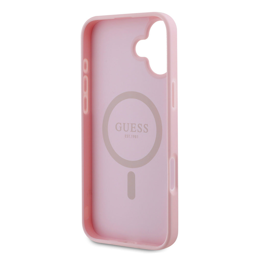 Apple iPhone 16 Plus Kılıf Guess Orjinal Lisanslı M-safe Şarj Özellikli Yazı Logolu Grained Kapak Pembe
