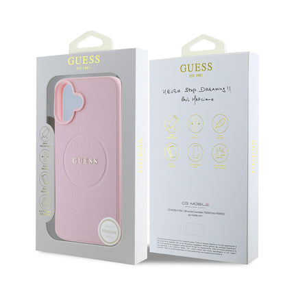 Apple iPhone 16 Plus Kılıf Guess Orjinal Lisanslı M-safe Şarj Özellikli Yazı Logolu Grained Kapak Pembe