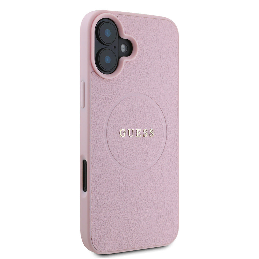 Apple iPhone 16 Plus Kılıf Guess Orjinal Lisanslı M-safe Şarj Özellikli Yazı Logolu Grained Kapak Pembe