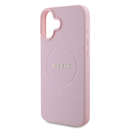 Apple iPhone 16 Plus Kılıf Guess Orjinal Lisanslı M-safe Şarj Özellikli Yazı Logolu Grained Kapak Pembe