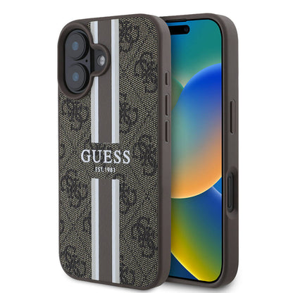 Apple iPhone 16 Plus Kılıf Guess Orjinal Lisanslı M-safe Şarj Özellikli 4G Şerit Tasarımlı Printed Kapak Kahverengi