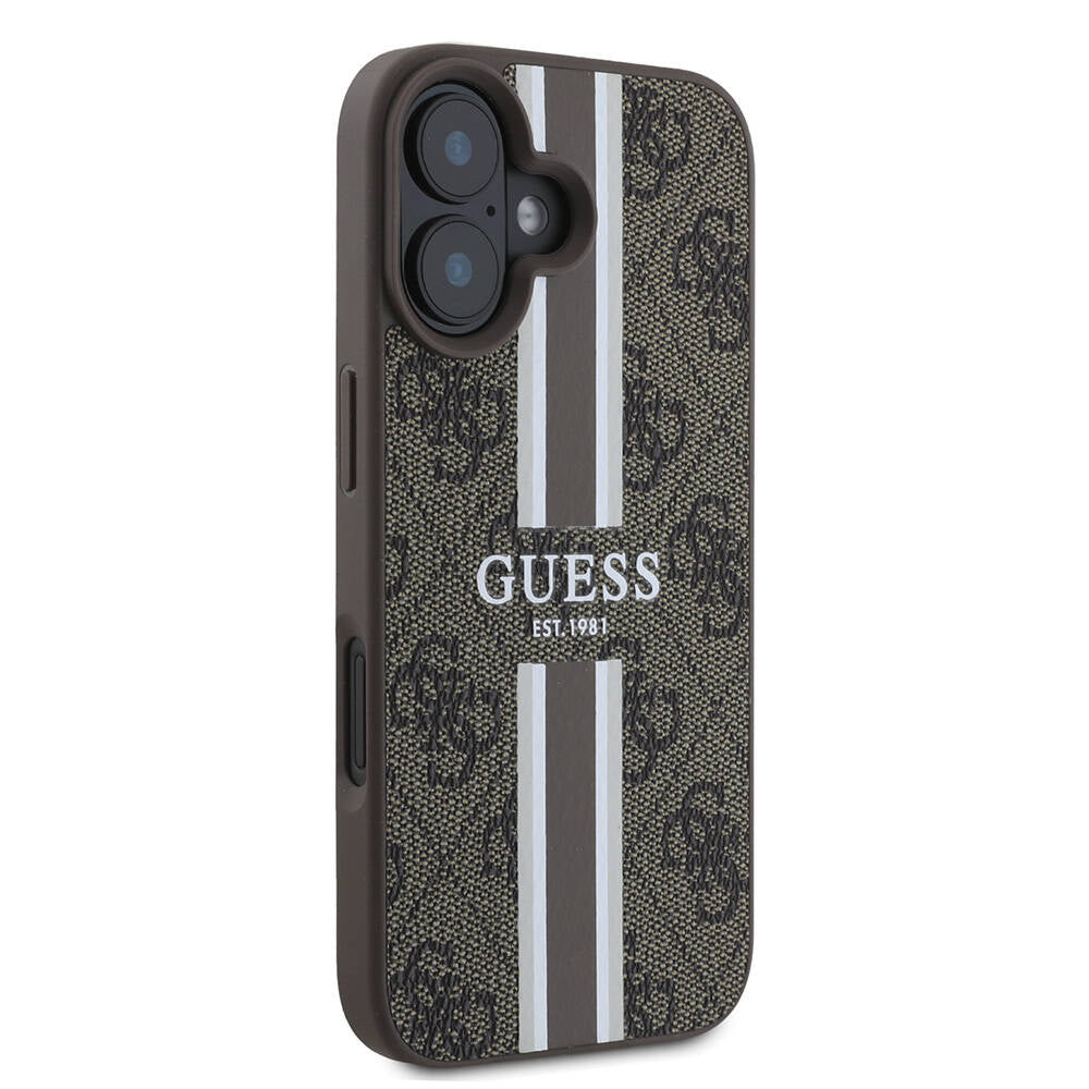 Apple iPhone 16 Plus Kılıf Guess Orjinal Lisanslı M-safe Şarj Özellikli 4G Şerit Tasarımlı Printed Kapak Kahverengi