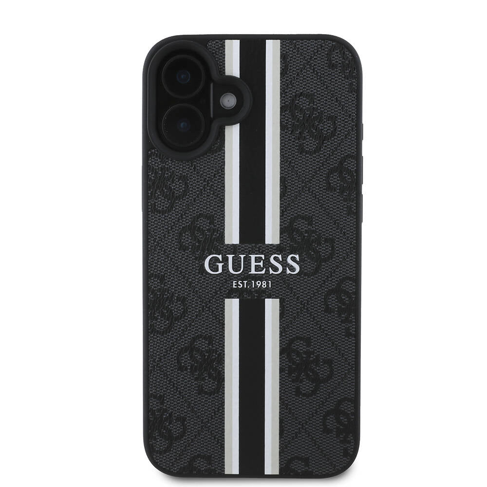 Apple iPhone 16 Plus Kılıf Guess Orjinal Lisanslı M-safe Şarj Özellikli 4G Şerit Tasarımlı Printed Kapak Kahverengi