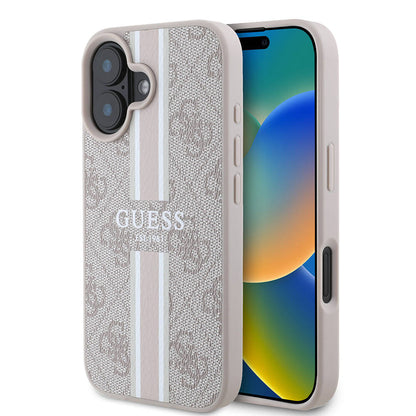 Apple iPhone 16 Plus Kılıf Guess Orjinal Lisanslı M-safe Şarj Özellikli 4G Şerit Tasarımlı Printed Kapak Pembe