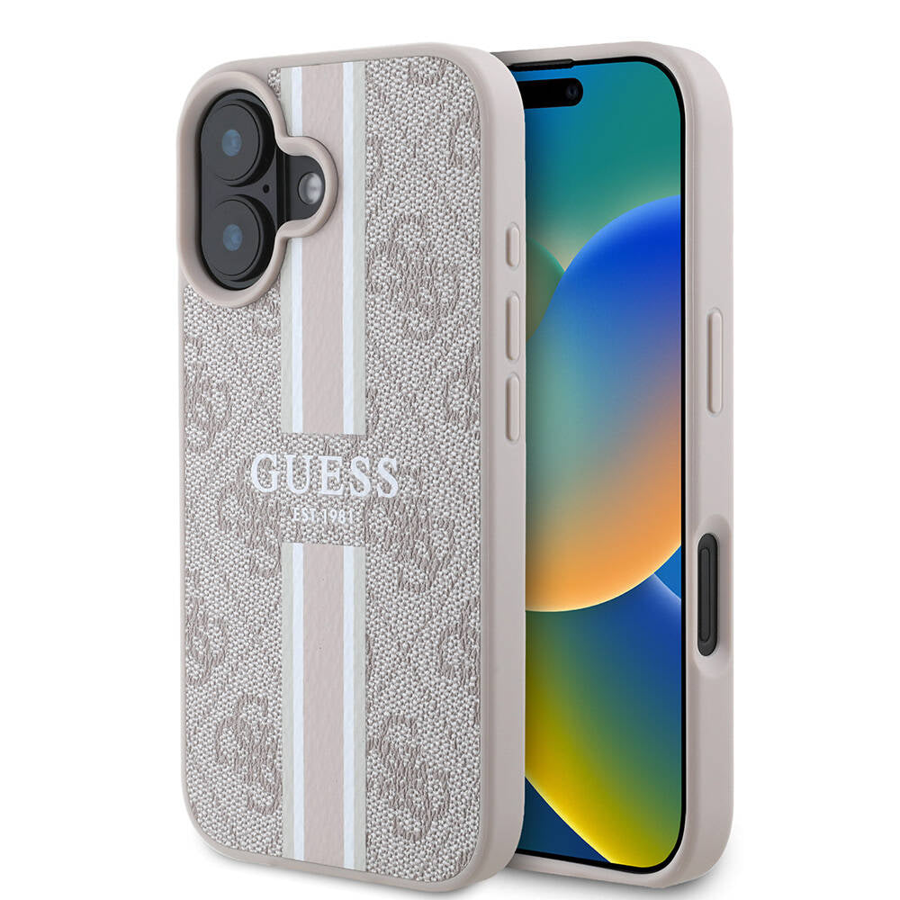 Apple iPhone 16 Plus Kılıf Guess Orjinal Lisanslı M-safe Şarj Özellikli 4G Şerit Tasarımlı Printed Kapak Pembe