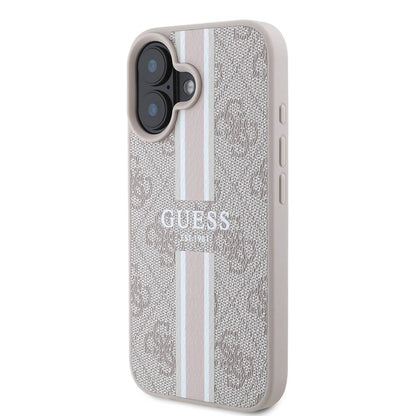 Apple iPhone 16 Plus Kılıf Guess Orjinal Lisanslı M-safe Şarj Özellikli 4G Şerit Tasarımlı Printed Kapak Pembe