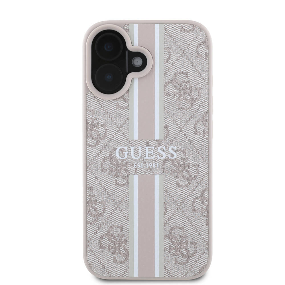 Apple iPhone 16 Plus Kılıf Guess Orjinal Lisanslı M-safe Şarj Özellikli 4G Şerit Tasarımlı Printed Kapak Pembe