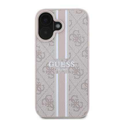 Apple iPhone 16 Plus Kılıf Guess Orjinal Lisanslı M-safe Şarj Özellikli 4G Şerit Tasarımlı Printed Kapak Kahverengi