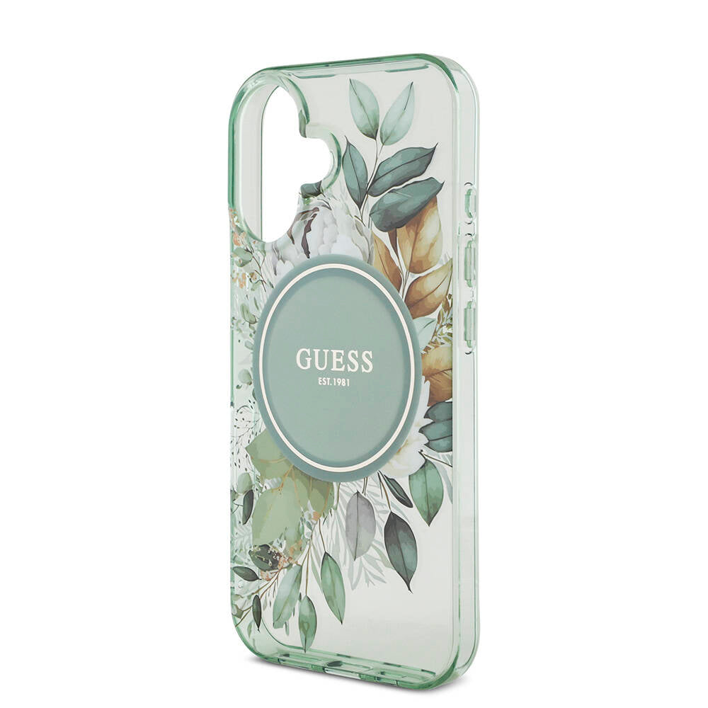 Apple iPhone 16 Plus Kılıf Guess Orjinal Lisanslı M-safe Şarj Özellikli IML Baskılı Çiçek İnci Bileklikli Kapak Yeşil
