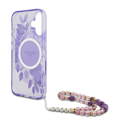 Apple iPhone 16 Plus Kılıf Guess Orjinal Lisanslı M-safe Şarj Özellikli IML Baskılı Çiçek İnci Bileklikli Kapak Pembe