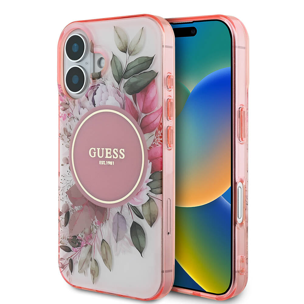 Apple iPhone 16 Plus Kılıf Guess Orjinal Lisanslı M-safe Şarj Özellikli IML Baskılı Yazı Logolu Flower Tonal Circle Kapak Pembe