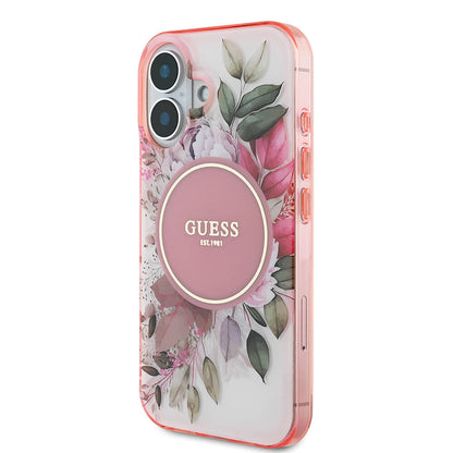 Apple iPhone 16 Plus Kılıf Guess Orjinal Lisanslı M-safe Şarj Özellikli IML Baskılı Yazı Logolu Flower Tonal Circle Kapak Yeşil