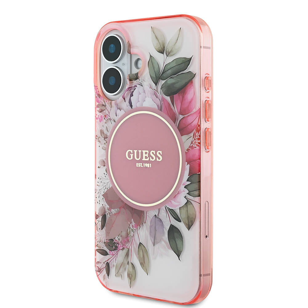 Apple iPhone 16 Plus Kılıf Guess Orjinal Lisanslı M-safe Şarj Özellikli IML Baskılı Yazı Logolu Flower Tonal Circle Kapak Pembe
