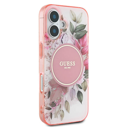 Apple iPhone 16 Plus Kılıf Guess Orjinal Lisanslı M-safe Şarj Özellikli IML Baskılı Yazı Logolu Flower Tonal Circle Kapak Pembe