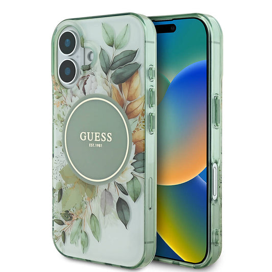 Apple iPhone 16 Plus Kılıf Guess Orjinal Lisanslı M-safe Şarj Özellikli IML Baskılı Yazı Logolu Flower Tonal Circle Kapak Yeşil