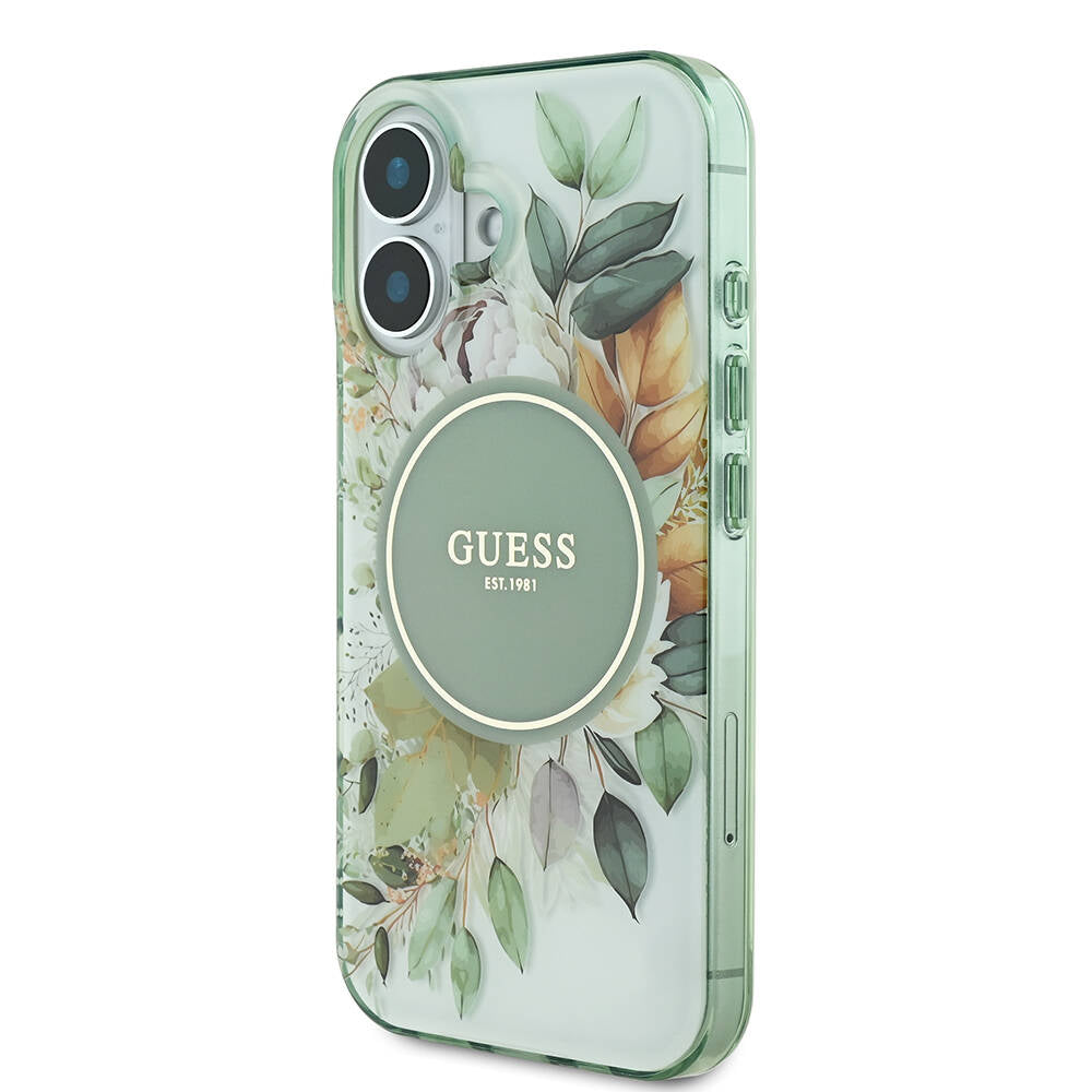 Apple iPhone 16 Plus Kılıf Guess Orjinal Lisanslı M-safe Şarj Özellikli IML Baskılı Yazı Logolu Flower Tonal Circle Kapak Pembe