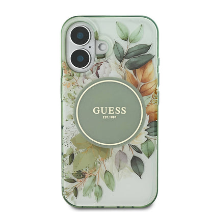 Apple iPhone 16 Plus Kılıf Guess Orjinal Lisanslı M-safe Şarj Özellikli IML Baskılı Yazı Logolu Flower Tonal Circle Kapak Pembe