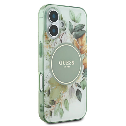 Apple iPhone 16 Plus Kılıf Guess Orjinal Lisanslı M-safe Şarj Özellikli IML Baskılı Yazı Logolu Flower Tonal Circle Kapak Yeşil