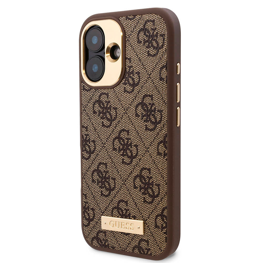 Apple iPhone 16 Plus Kılıf Guess Orjinal Lisanslı M-safe Şarj Özellikli PU 4G Desenli Metal Plaka Klasik Logolu Kapak Kahverengi