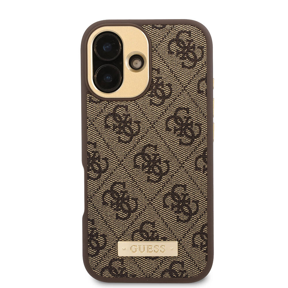 Apple iPhone 16 Plus Kılıf Guess Orjinal Lisanslı M-safe Şarj Özellikli PU 4G Desenli Metal Plaka Klasik Logolu Kapak Pembe