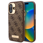 Apple iPhone 16 Plus Kılıf Guess Orjinal Lisanslı M-safe Şarj Özellikli PU 4G Desenli Metal Plaka Klasik Logolu Kapak Kahverengi
