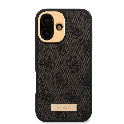 Apple iPhone 16 Plus Kılıf Guess Orjinal Lisanslı M-safe Şarj Özellikli PU 4G Desenli Metal Plaka Klasik Logolu Kapak Kahverengi