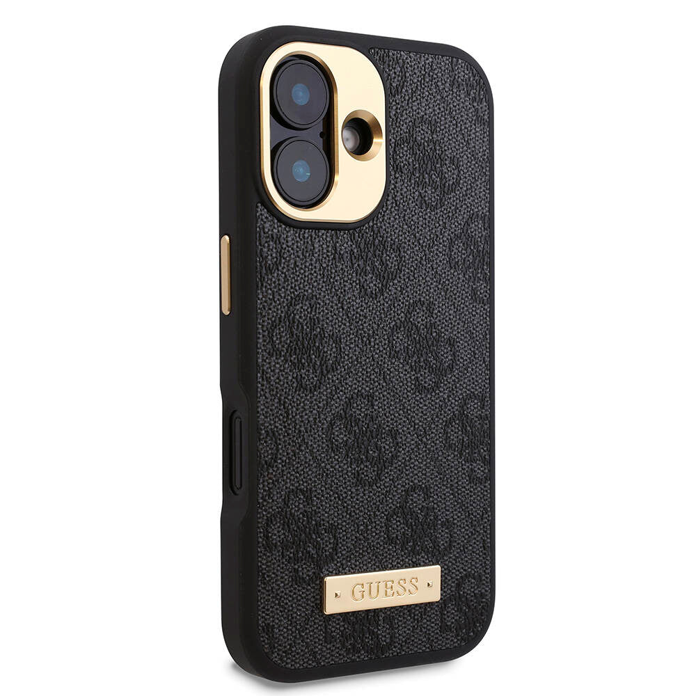 Apple iPhone 16 Plus Kılıf Guess Orjinal Lisanslı M-safe Şarj Özellikli PU 4G Desenli Metal Plaka Klasik Logolu Kapak Pembe